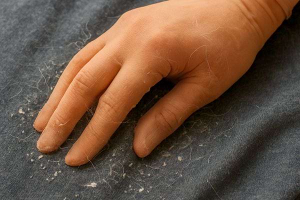 main posee sur vetement fonce couvert de peluches et residus blancs