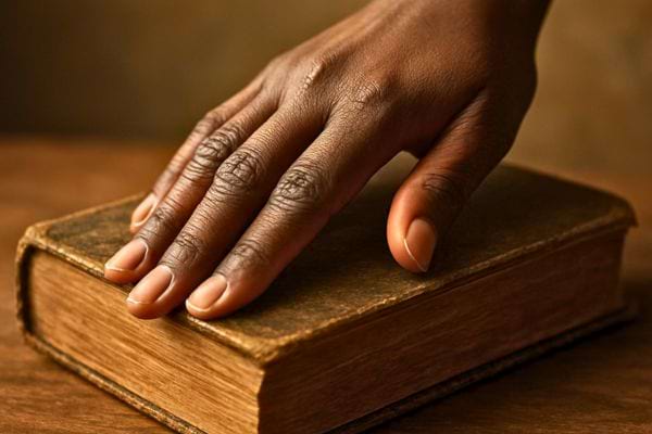 Une main repose sur un vieux livre ancien pose sur une table en bois sombre.