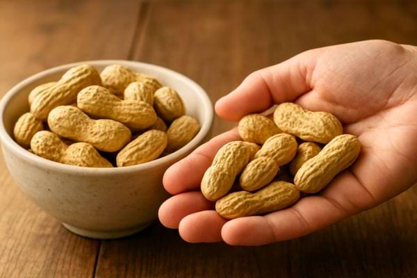 une main presente des arachides entieres avec un bol rempli en arriere plan