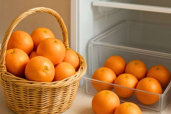 Panier en osier rempli de mandarines place a cote d un refrigerateur ouvert