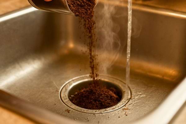 marc de cafe verse dans un evier avec eau courante pour nettoyer ou desodoriser la canalisation