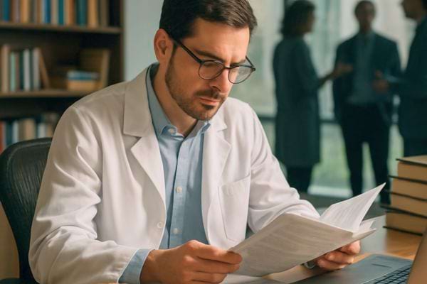 medecin en blouse blanche lisant un dossier medical dans un bureau avec collegues en arriere plan