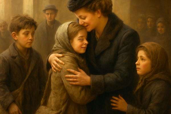 une femme serre une jeune fille dans ses bras tandis que deux autres enfants regardent avec gravite