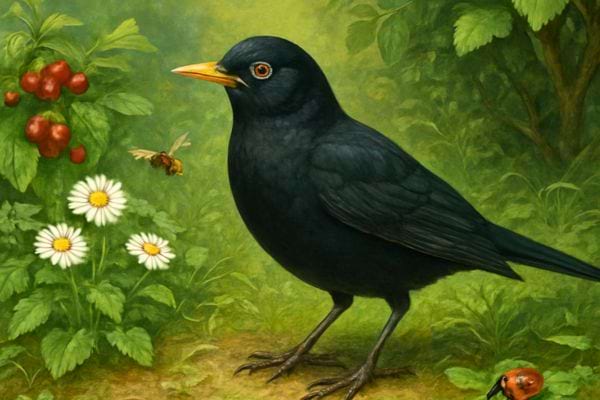 Un merle noir se tient pres de fleurs blanches et rouges dans un jardin vert.