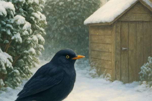 Un merle noir se tient dans un jardin enneige pres d un petit abri en bois.