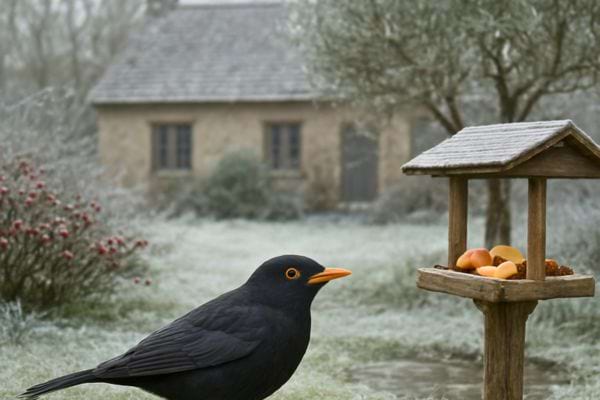 Un merle noir regarde une mangeoire avec des fruits dans un jardin gele devant une maison.
