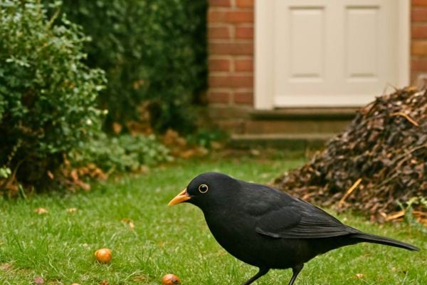 Un merle noir marche sur une pelouse verte devant une maison et un tas de feuilles.