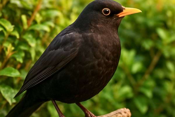 Gros plan d un merle noir perche sur une branche avec un fond de feuillage vert.