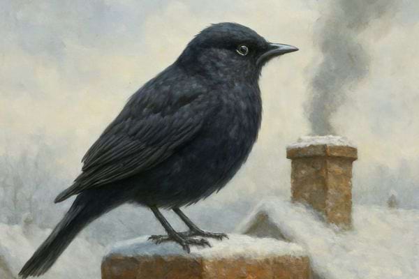 Un merle noir est perche sur un toit enneige avec une cheminee fumante en arriere plan.