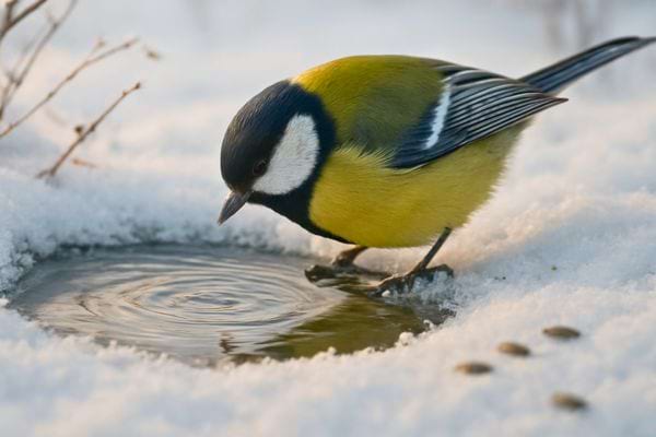 mesange penchee buvant de leau dans une petite flaque au milieu de la neige