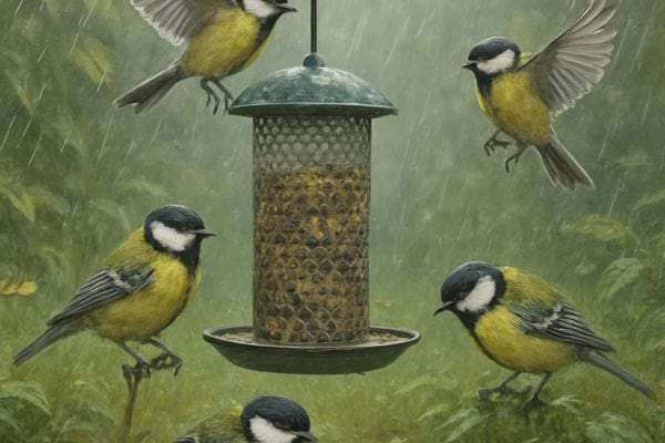 plusieurs mesanges entourent une mangeoire sous la pluie dans un jardin vert