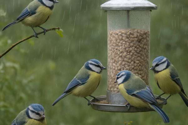 des mesanges se nourrissent de graines sur une mangeoire pendant la pluie