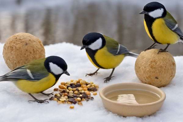 trois mesanges mangeant des graines et boules de graisse posees sur la neige avec un bol deau