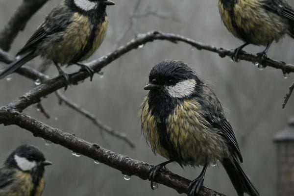 plusieurs mesanges sont perchees sur des branches mouillees sous la pluie