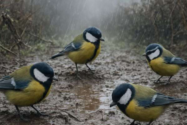 quatre mesanges marchent sur un sol boueux sous une pluie fine