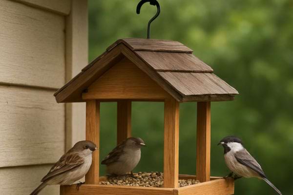 trois petits oiseaux se tiennent sur une mangeoire en bois remplie de graines