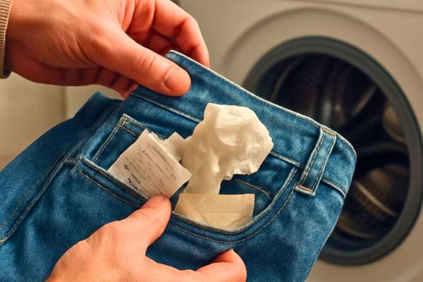 main retirant un mouchoir en papier dune poche de jean devant une machine a laver