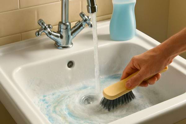 main nettoyant un evier avec une brosse sous leau courante