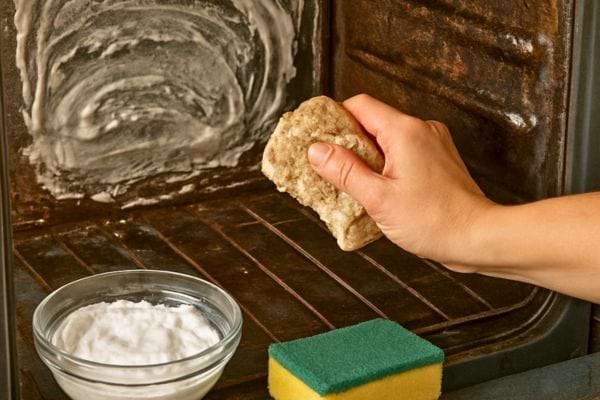 main nettoyant linterieur dun four avec une eponge et du bicarbonate pour enlever la graisse incrustee