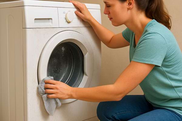 femme nettoyant le joint et le hublot dun lave linge avec un chiffon