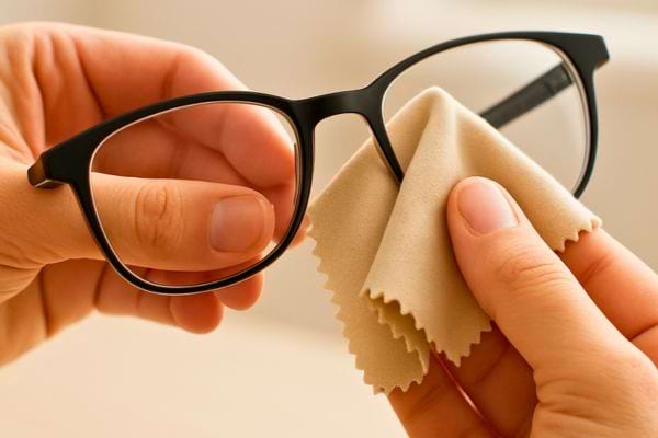 mains essuyant des lunettes noires avec un chiffon en microfibre beige