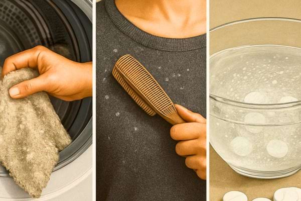 montage montrant peluches dans machine brosse sur vetement et pastilles dans un bol deau