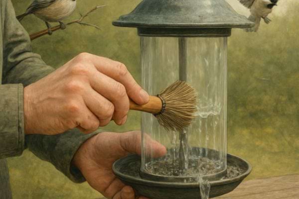 une main nettoie une mangeoire transparente avec une petite brosse