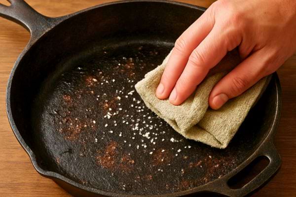 main frottant une poele en fonte avec chiffon pour enlever residus et taches