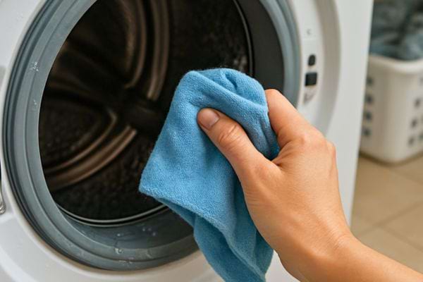 main essuyant linterieur du tambour dun lave linge avec un chiffon bleu