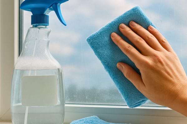 Main nettoyant une vitre avec chiffon bleu et spray rempli de solution claire.