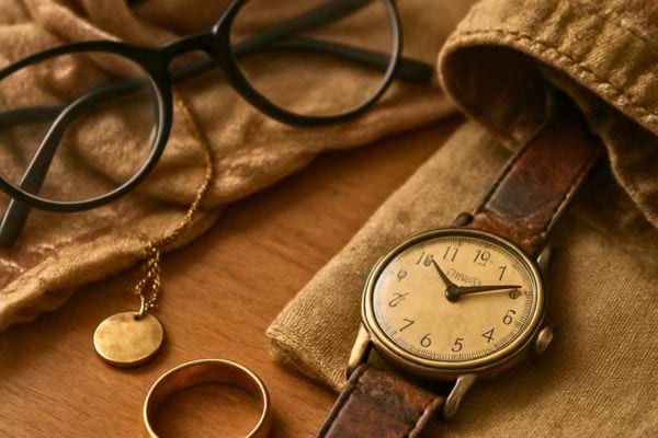 montre ancienne lunettes collier et alliance poses sur un tissu evocant des souvenirs personnels