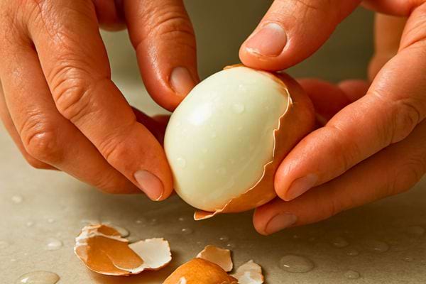 des mains ecalent un oeuf dur sur un plan de travail avec coquilles cassees visibles