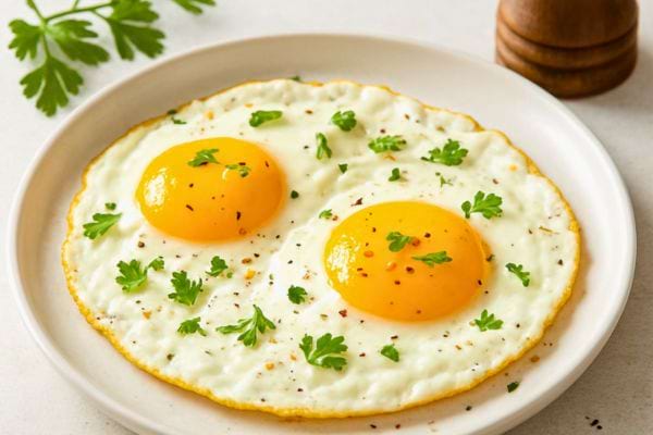 deux oeufs au plat parses de persil frais servis dans une assiette claire