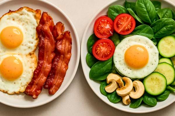 assiettes avec oeufs au plat bacon croustillant et salade verte tomates concombres champignons