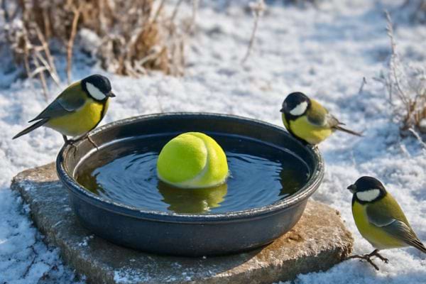 trois mesanges autour dun bac deau avec une balle de tennis flottant a la surface en hiver