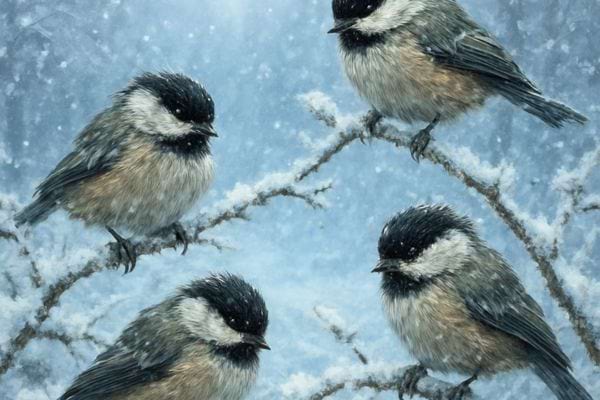 quatre petits oiseaux perches sur des branches couvertes de neige sous une chute hivernale