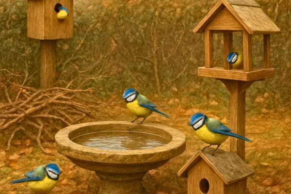 plusieurs mesanges autour dun abreuvoir et de mangeoires en bois dans un jardin en automne