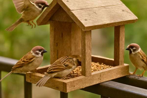 plusieurs moineaux autour dune mangeoire en bois remplie de graines sur un rebord exterieur