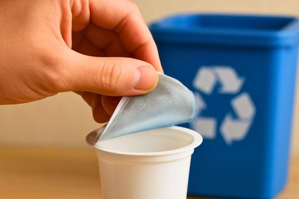 main retirant lopercule dun pot de yaourt devant un bac bleu de recyclage