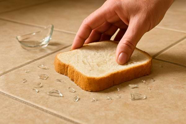 main ramassant une tranche de pain pour absorber des eclats de verre sur un sol carrel&eacute;