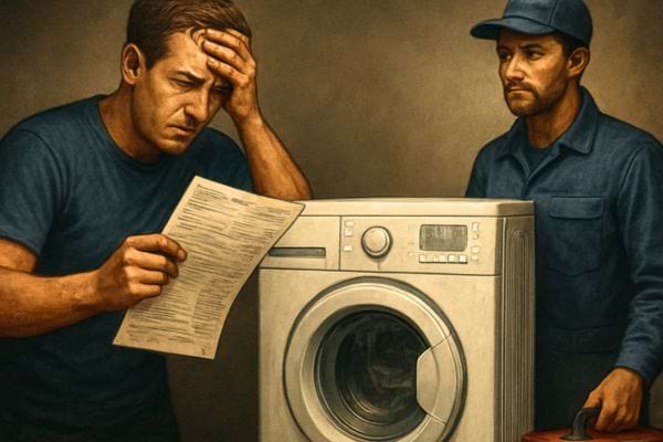 homme inquiet lisant une facture devant un lave linge en panne avec un technicien a cote