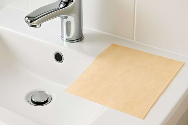 feuille de papier cuisson posee sur un lavabo pres du robinet pour proteger la surface