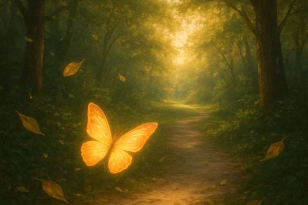 Papillon lumineux vole au dessus dun chemin dans une foret