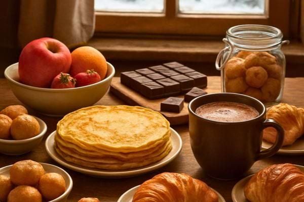 table remplie de crepes croissants chocolat fruits et boisson chaude