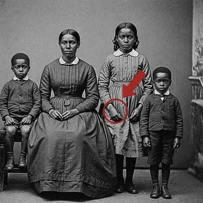 Photo de famille datant de 1872 montrant une femme et trois enfants, avec un d&eacute;tail visible au poignet d&rsquo;une fillette
