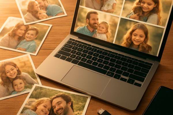 ordinateur portable entoure de photos imprimees montrant des souvenirs de famille poses sur une table en bois