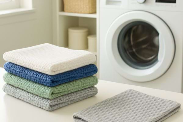 Des serviettes pliees sont posees sur une table devant une machine a laver.