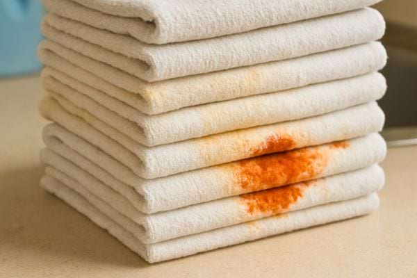 Une pile de serviettes blanches montre une tache orange visible au centre.