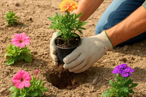 des mains avec des gants plantent une fleur dans un trou de terre