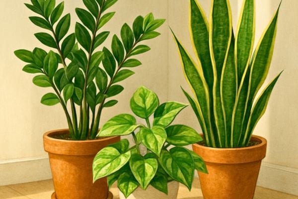 trois plantes vertes en pots dalgile alignees contre un mur clair